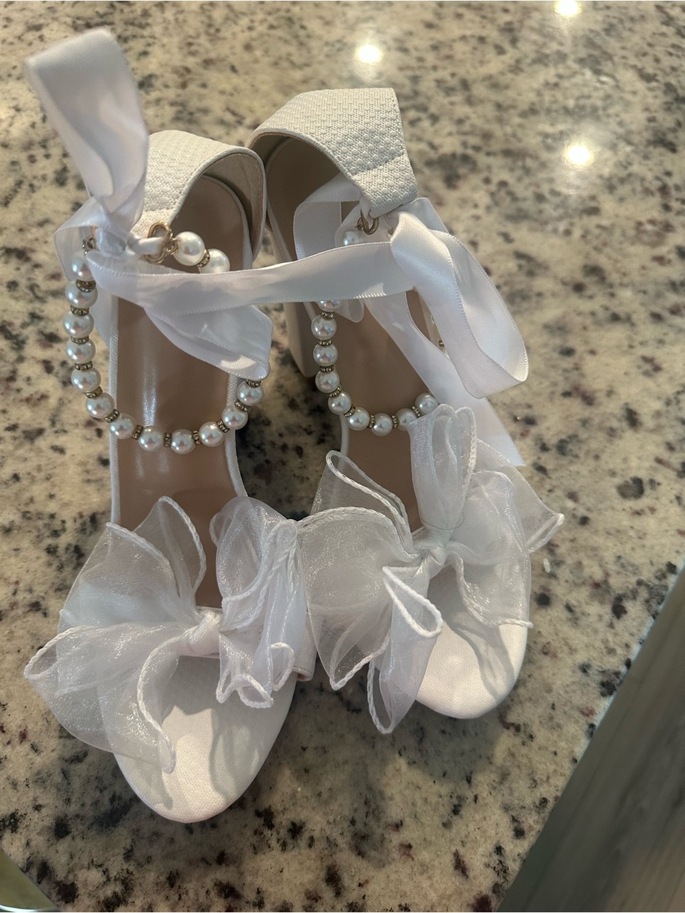 Pearl-Ankle White Bridal Heels with Organza Bow Accents